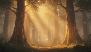 Ethereal Golden Forest Twilight - Mystical Wall Art for Home Peace and Wonder