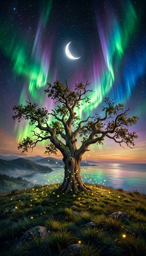 Celestial Oak - Aurora Twilight Landscape