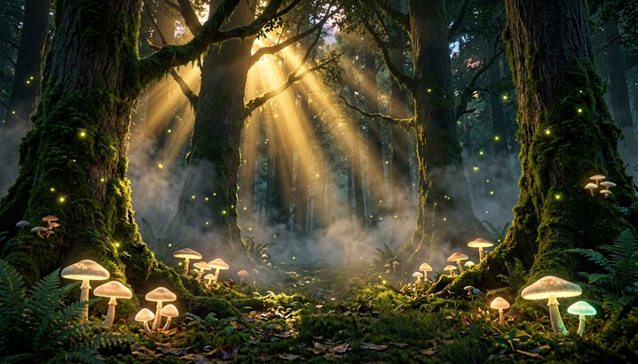 Ethereal Golden Forest Twilight - Mystical Wall Art